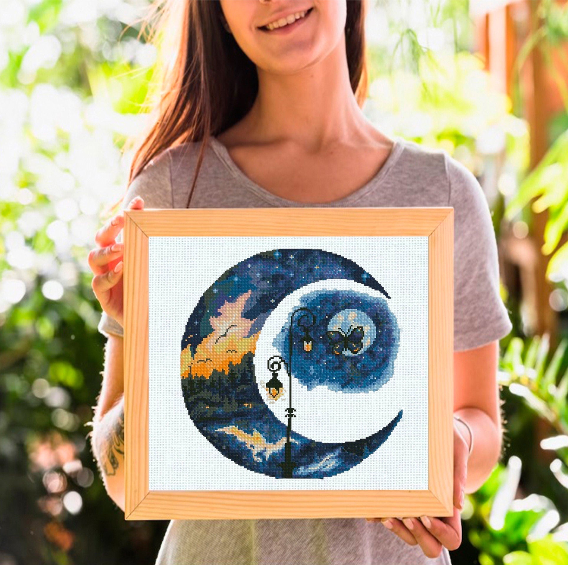 Moon Landscape Cross Stitch Pattern PDF, Day and Night Forest Embroidery Design, Celestial Sky Modern Cross Stitch Digital Download PDF - NuttyHappyHobby