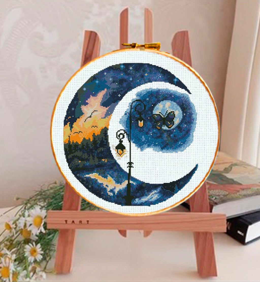 Moon Landscape Cross Stitch Pattern PDF, Day and Night Forest Embroidery Design, Celestial Sky Modern Cross Stitch Digital Download PDF - NuttyHappyHobby