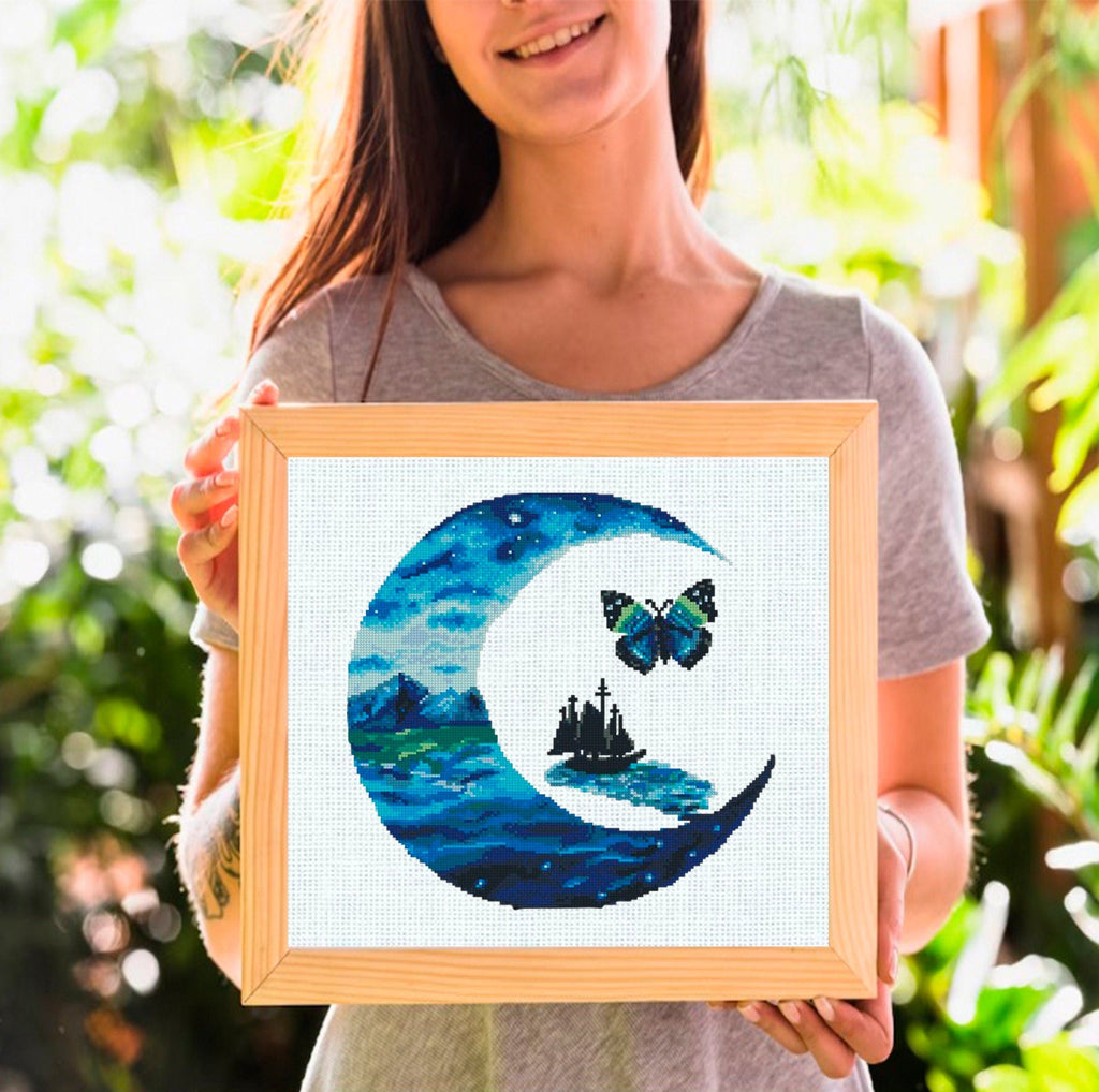 Moon Ocean Cross Stitch Pattern PDF, Butterfly Sea Landscape Embroidery Design, Fantasy Night Ocean Cross Stitch Digital Download PDF - NuttyHappyHobby