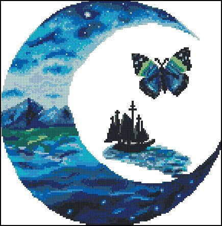 Moon Ocean Cross Stitch Pattern PDF, Butterfly Sea Landscape Embroidery Design, Fantasy Night Ocean Cross Stitch Digital Download PDF - NuttyHappyHobby