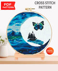 Moon Ocean Cross Stitch Pattern PDF, Butterfly Sea Landscape Embroidery Design, Fantasy Night Ocean Cross Stitch Digital Download PDF - NuttyHappyHobby