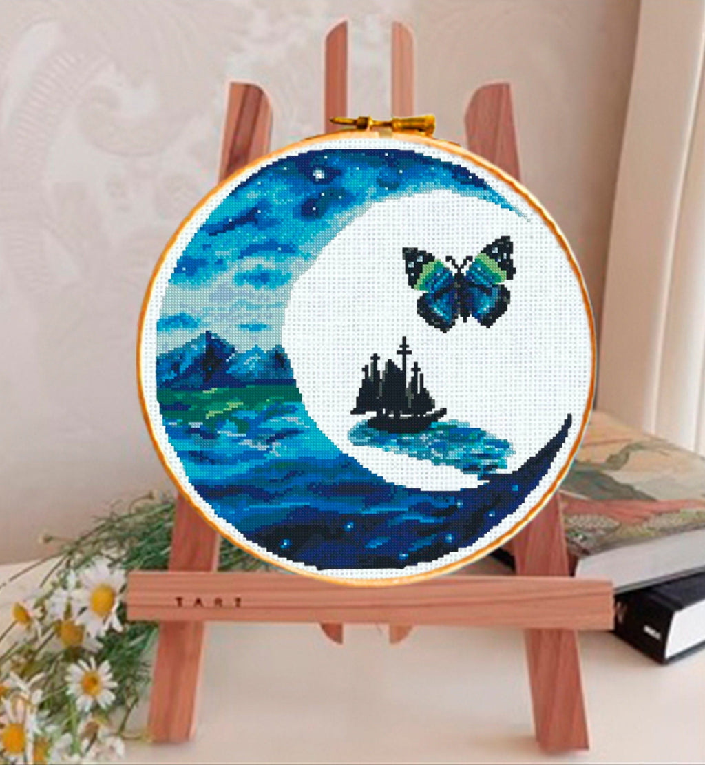 Moon Ocean Cross Stitch Pattern PDF, Butterfly Sea Landscape Embroidery Design, Fantasy Night Ocean Cross Stitch Digital Download PDF - NuttyHappyHobby