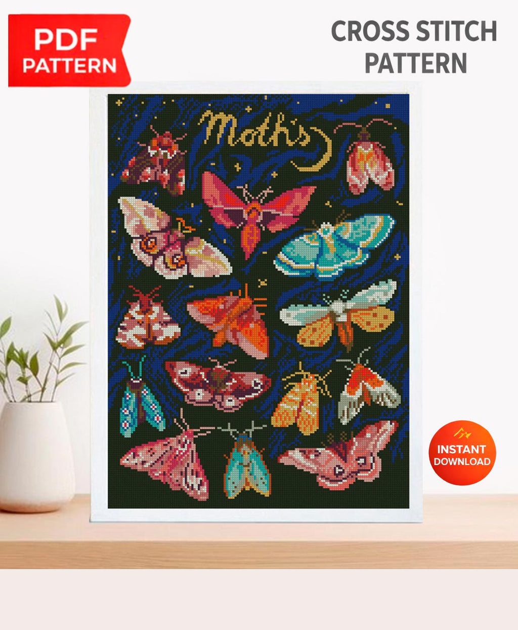 Moth Cross Stitch Pattern PDF Butterfly Embroidery Insect Wall Art Dark Aesthetic Nature Decor Instant Download Gift Idea - NuttyHappyHobby
