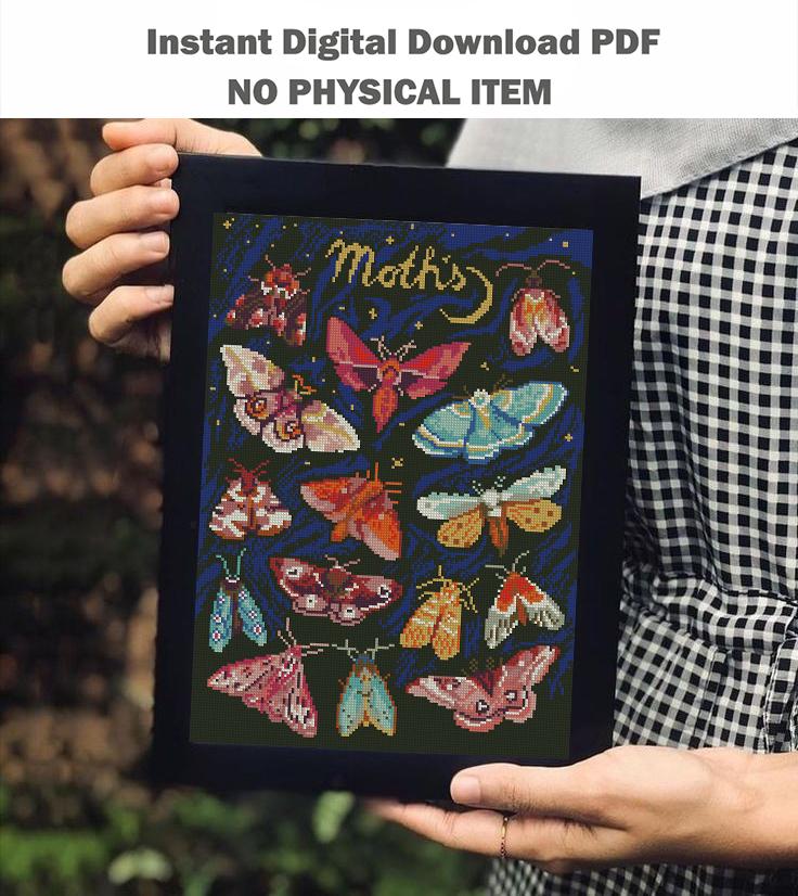 Moth Cross Stitch Pattern PDF Butterfly Embroidery Insect Wall Art Dark Aesthetic Nature Decor Instant Download Gift Idea - NuttyHappyHobby