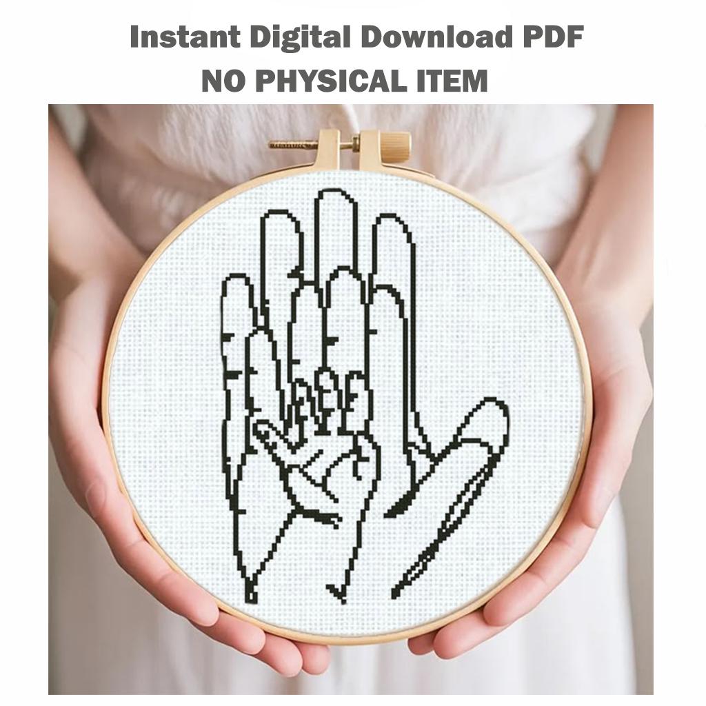 Mother and Child Cross Stitch Pattern PDF, Family Hands Embroidery Design, Minimalist Love Cross Stitch, Modern Line Art Pattern, Download - NuttyHappyHobby