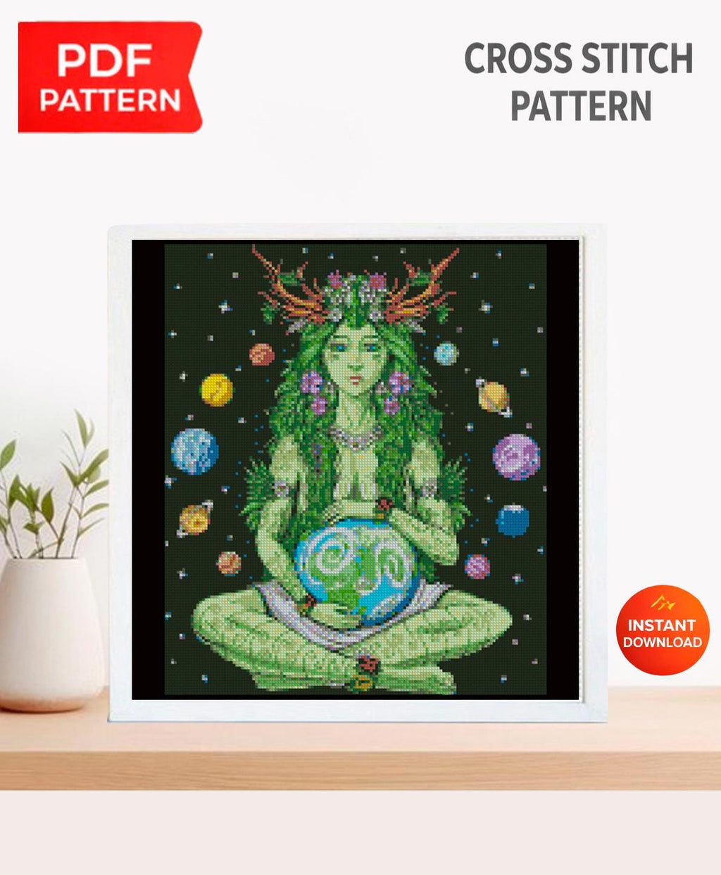 Mother Earth Cross Stitch Pattern PDF, Earth Goddess Embroidery Pattern, Fantasy Woman Cross Stitch, Pagan Nature Art - NuttyHappyHobby