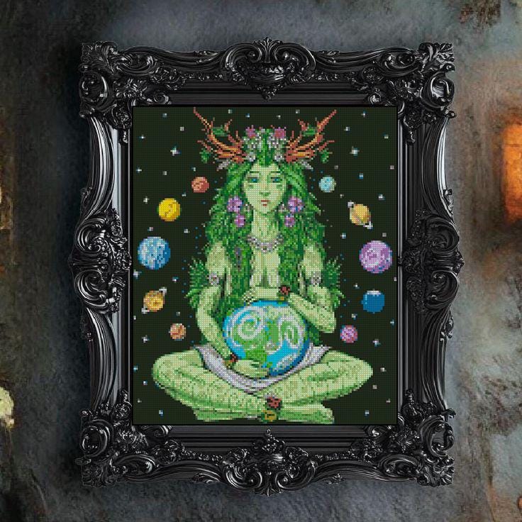 Mother Earth Cross Stitch Pattern PDF, Earth Goddess Embroidery Pattern, Fantasy Woman Cross Stitch, Pagan Nature Art - NuttyHappyHobby