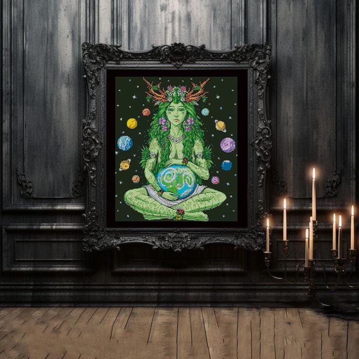 Mother Earth Cross Stitch Pattern PDF, Earth Goddess Embroidery Pattern, Fantasy Woman Cross Stitch, Pagan Nature Art - NuttyHappyHobby