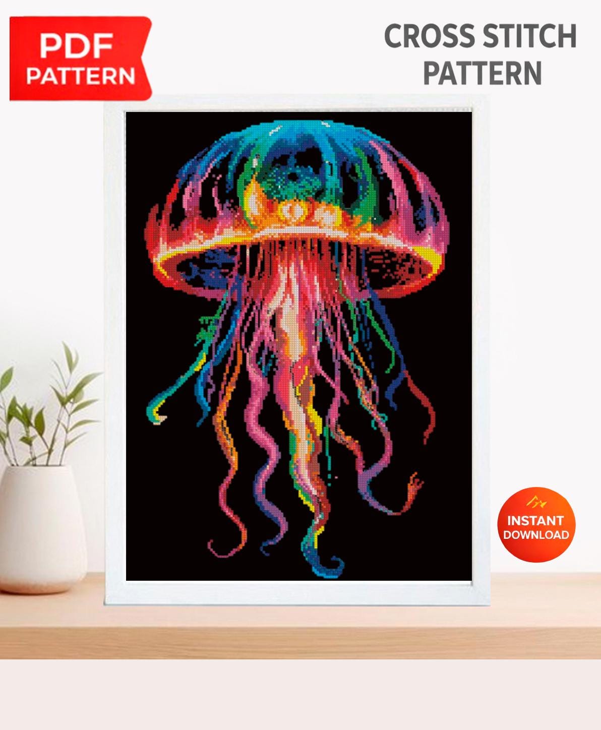 Neon Jellyfish Cross Stitch Pattern PDF, Colorful Ocean Embroidery, Sea Life Cross Stitch, Marine Animal Art, Jellyfish Pattern, Download - NuttyHappyHobby