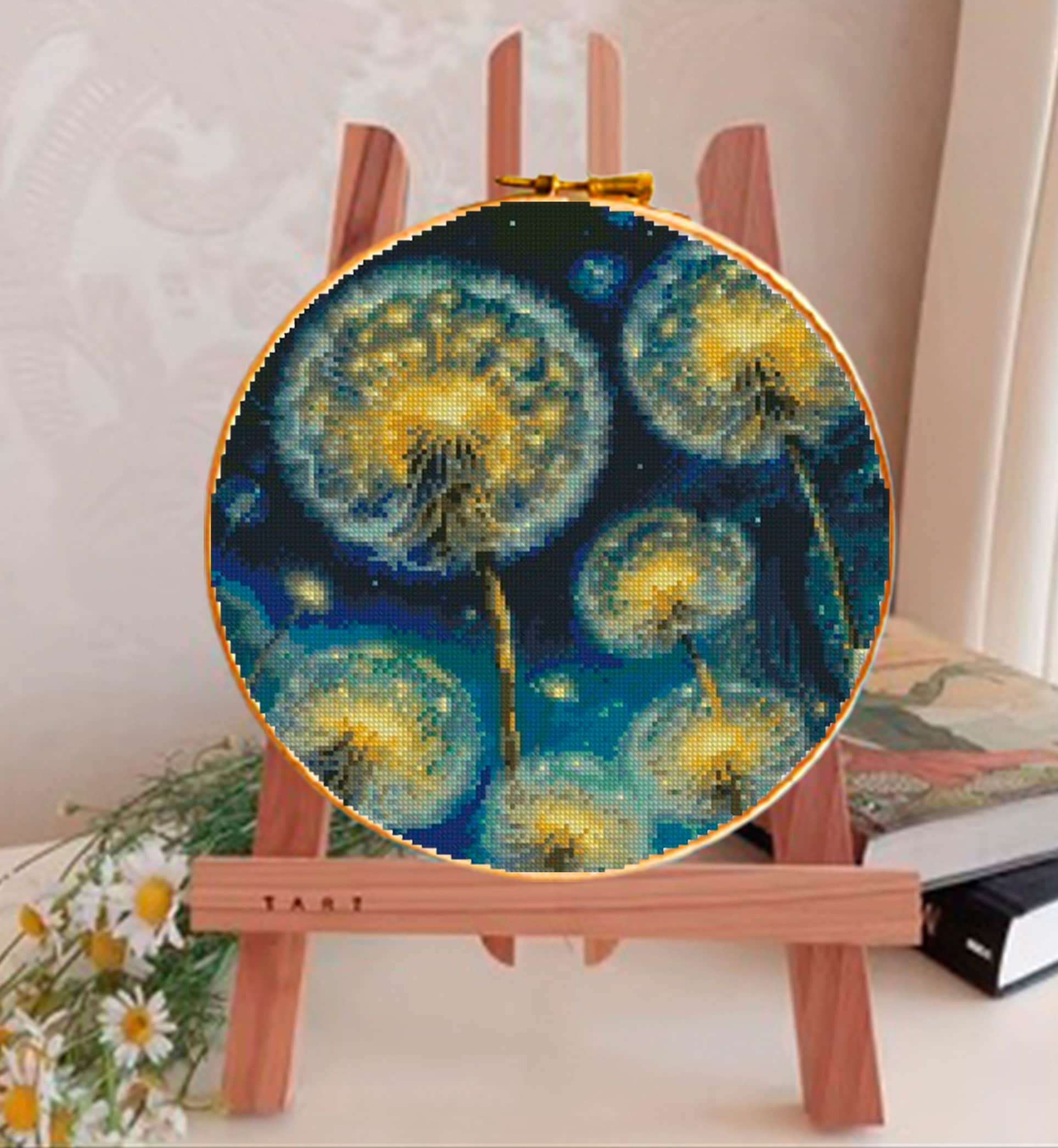 Night Dandelion Cross Stitch Pattern PDF, Blue Gold Floral Embroidery Chart, Round Hoop Botanical Wall Art, Modern Cottage Decor, Download - NuttyHappyHobby