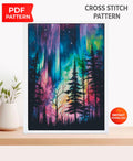 Northern Lights Cross Stitch Pattern PDF, Aurora Borealis Forest Landscape Embroidery Design, Night Sky Modern Cross Stitch Digital Download - NuttyHappyHobby