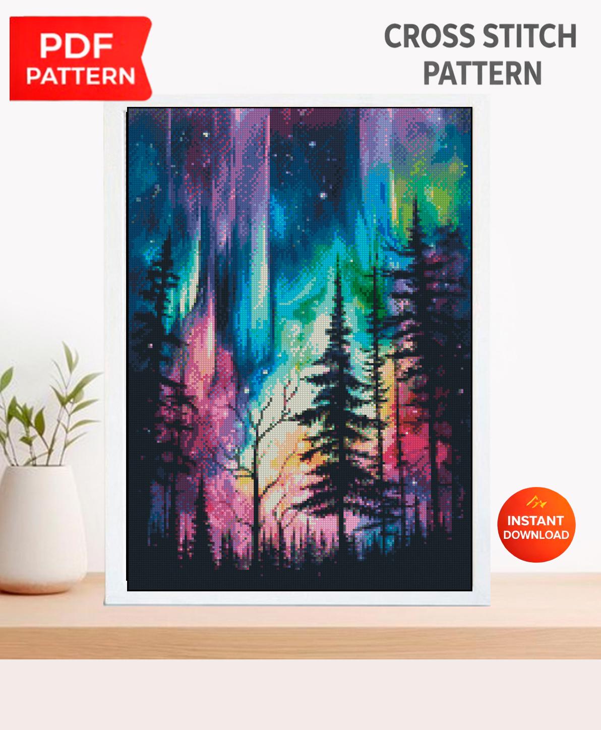 Northern Lights Cross Stitch Pattern PDF, Aurora Borealis Forest Landscape Embroidery Design, Night Sky Modern Cross Stitch Digital Download - NuttyHappyHobby