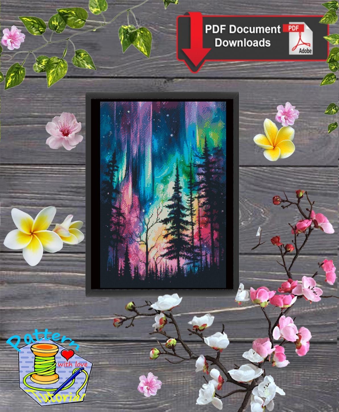 Northern Lights Cross Stitch Pattern PDF, Aurora Borealis Forest Landscape Embroidery Design, Night Sky Modern Cross Stitch Digital Download - NuttyHappyHobby