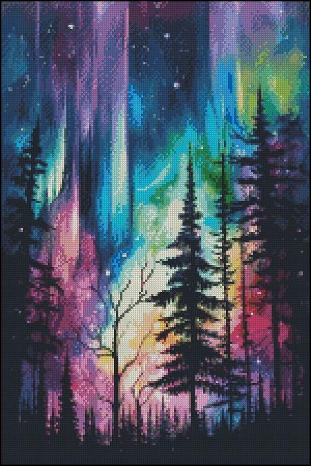 Northern Lights Cross Stitch Pattern PDF, Aurora Borealis Forest Landscape Embroidery Design, Night Sky Modern Cross Stitch Digital Download - NuttyHappyHobby