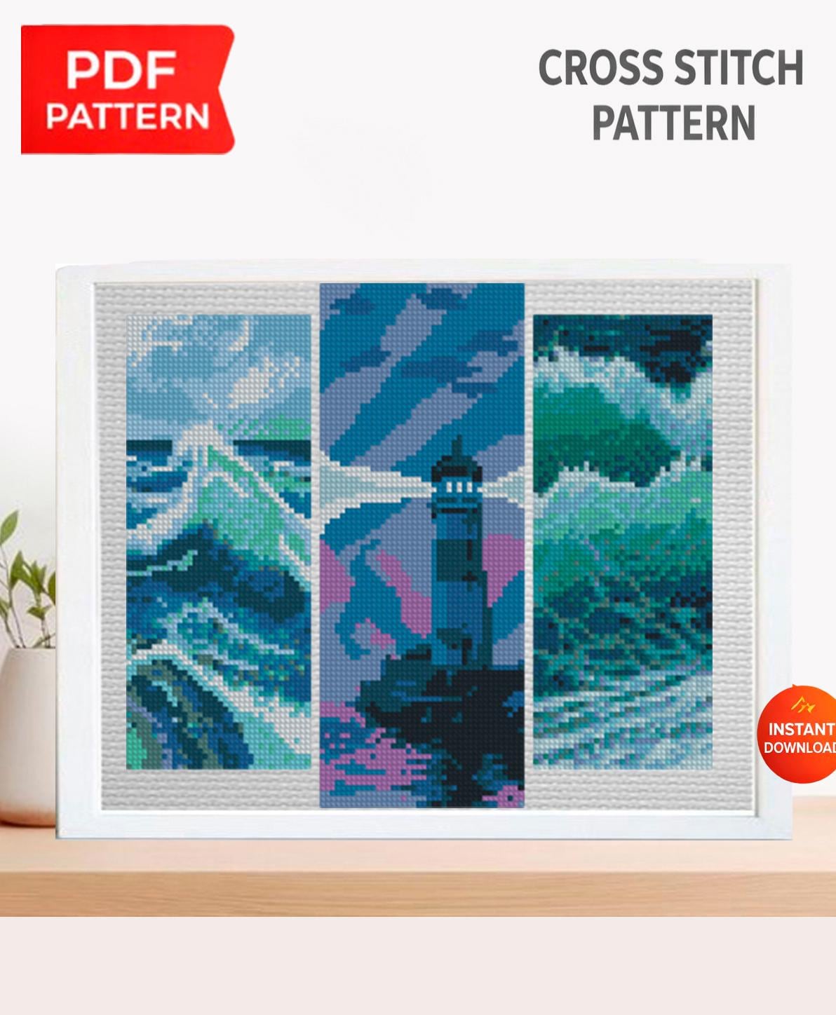 Ocean Cross Stitch Pattern Set PDF, Lighthouse Sea Waves Embroidery Design, Nautical Landscape Triptych Modern Cross Stitch Digital Download - NuttyHappyHobby