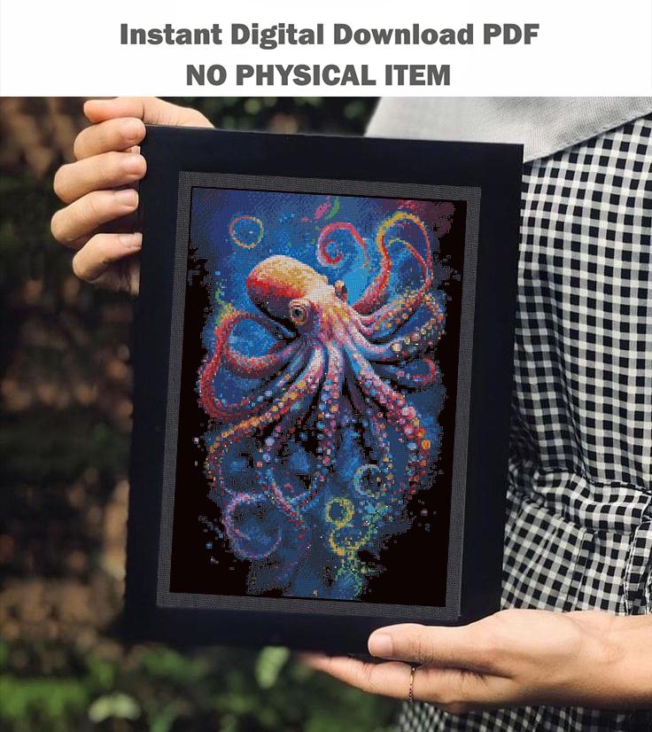 Octopus Cross Stitch Pattern PDF Colorful Sea Animal Embroidery Ocean Decor Nautical Wall Art Instant Download Gift, Modern Nautical Decor - NuttyHappyHobby