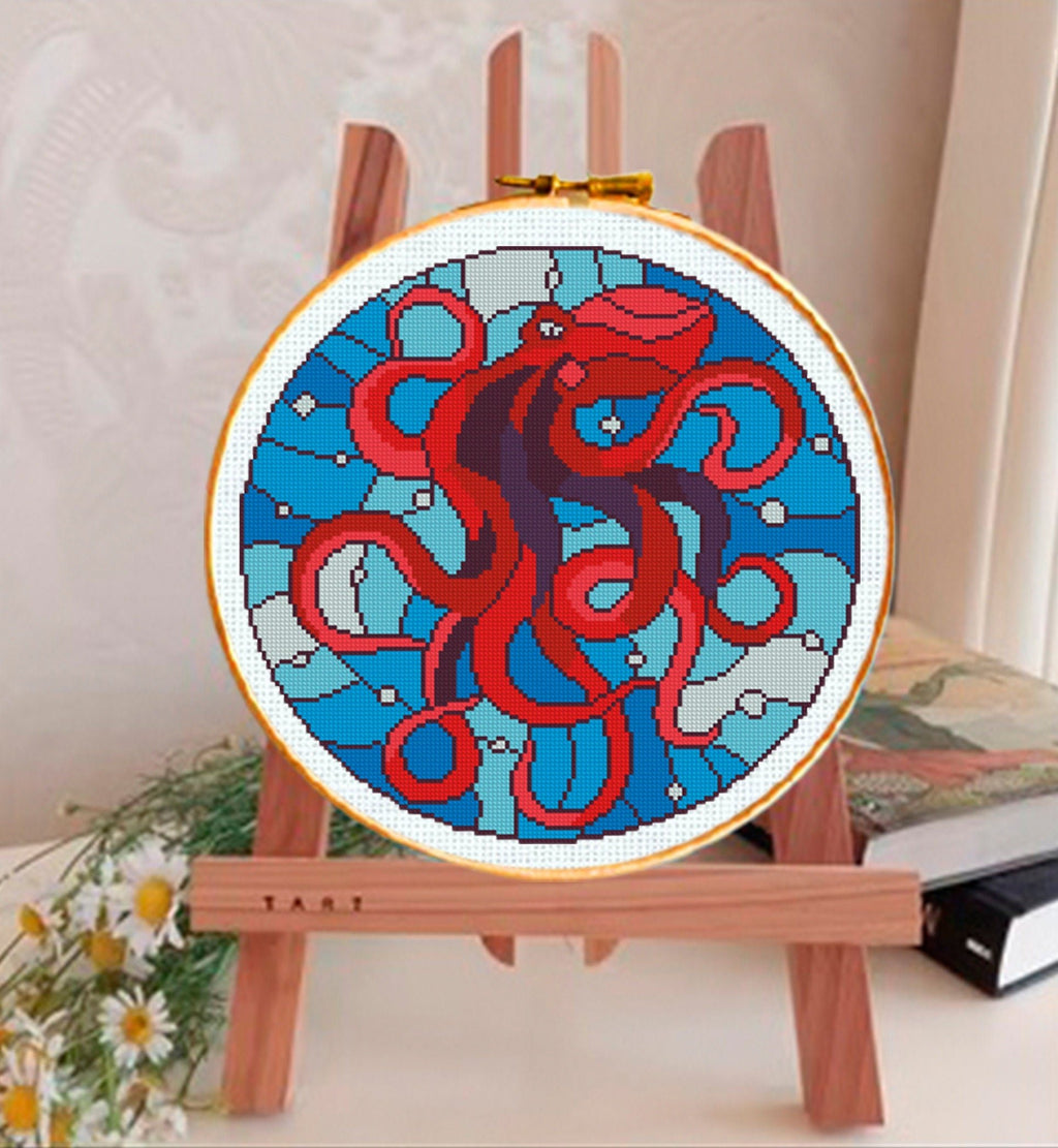 Octopus Cross Stitch Pattern PDF, Stained Glass Octopus Embroidery, Ocean Cross Stitch, Marine Life Pattern, Nautical Wall Art, download pdf - NuttyHappyHobby