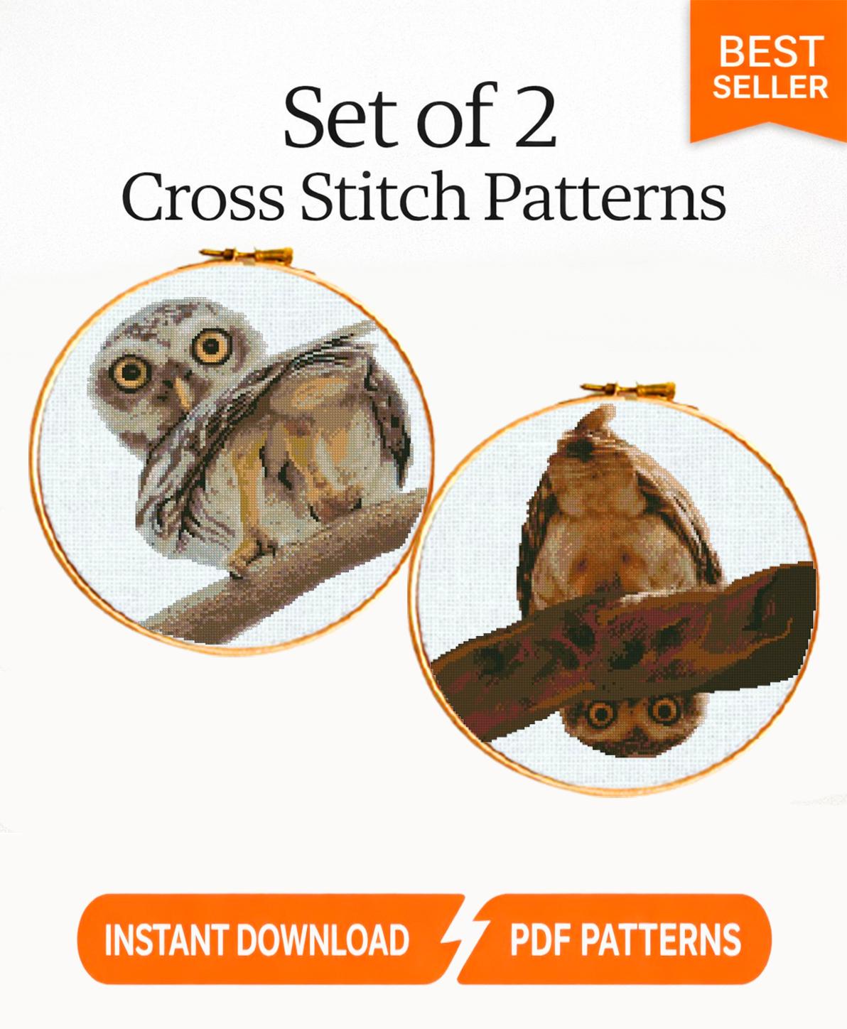Owl Cross Stitch Pattern Set of 2 PDF Bird Embroidery Cute Owls Animal Pattern Woodland Modern Instant Download Gift - NuttyHappyHobby