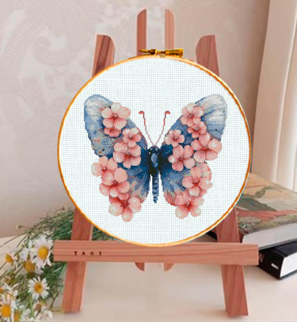 Pink Butterfly Cross Stitch Pattern PDF, Floral Butterfly Embroidery Design, Botanical Nature Cross Stitch Chart, Spring Needlepoint, Keeper - NuttyHappyHobby