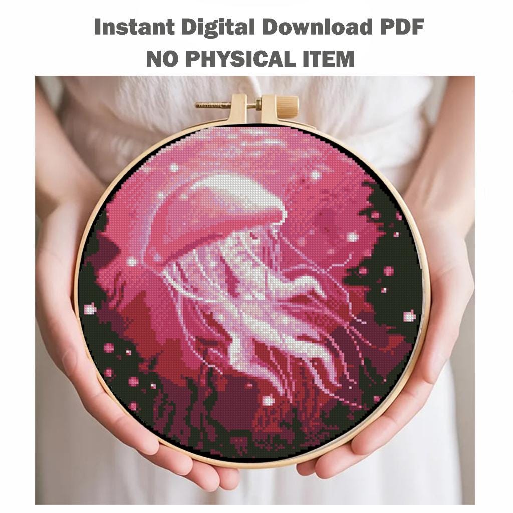 Pink Jellyfish Cross Stitch Pattern PDF, Ocean Embroidery Pattern, Marine Life Cross Stitch, Colorful Sea Creature Art - NuttyHappyHobby