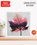 Pink Leaf Cross Stitch Pattern PDF, Mountain Landscape Leaf Embroidery Design, Modern Nature Cross Stitch Digital Download pdf - NuttyHappyHobby