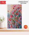 Pink Tulips Cross Stitch Pattern PDF, Watercolor Floral Embroidery Chart, Vertical Wall Art Design, Instant Download Botanical Pattern - NuttyHappyHobby