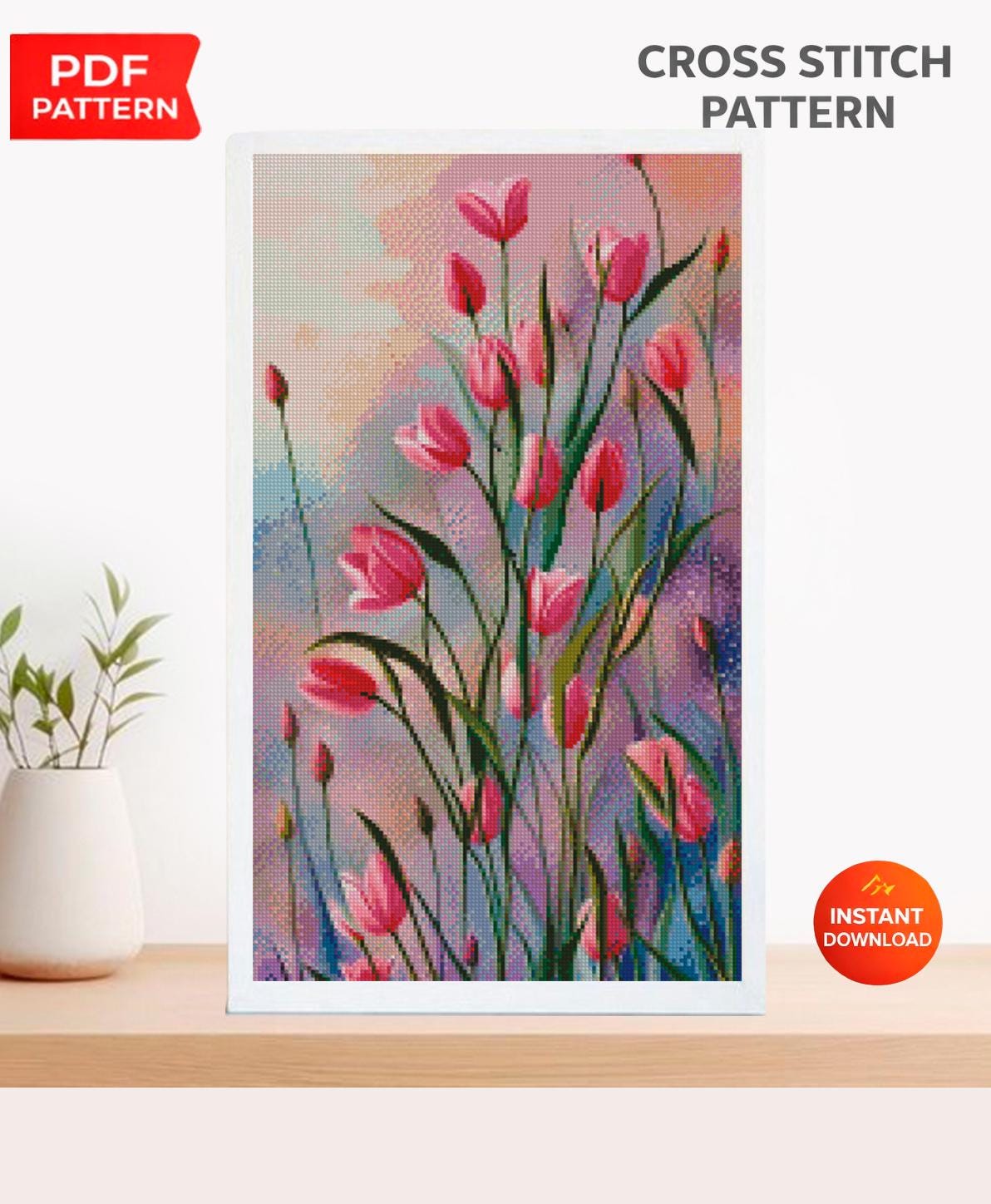 Pink Tulips Cross Stitch Pattern PDF, Watercolor Floral Embroidery Chart, Vertical Wall Art Design, Instant Download Botanical Pattern - NuttyHappyHobby