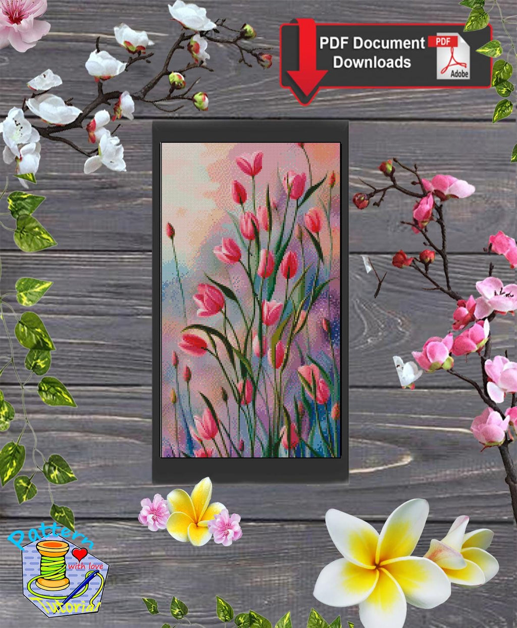 Pink Tulips Cross Stitch Pattern PDF, Watercolor Floral Embroidery Chart, Vertical Wall Art Design, Instant Download Botanical Pattern - NuttyHappyHobby