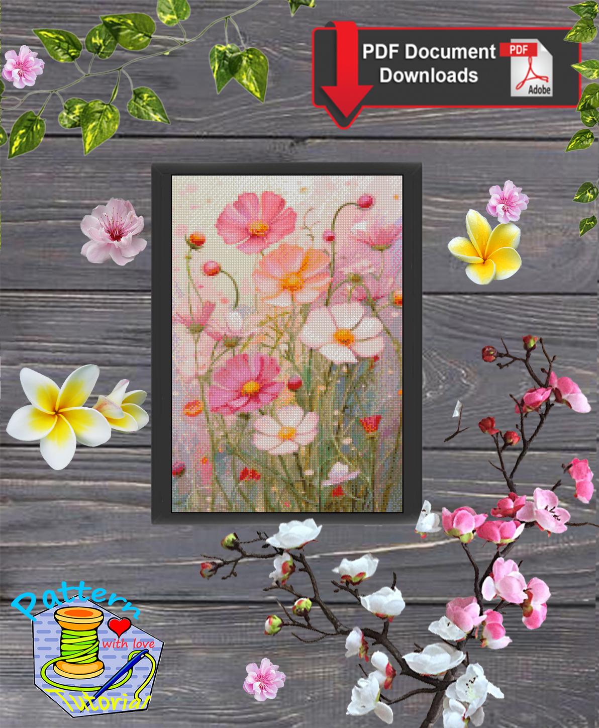 Pink Wildflowers Cross Stitch Pattern PDF, Meadow Flower Embroidery Chart, Romantic Floral Wall Art, Cottagecore Botanical Instant Download - NuttyHappyHobby