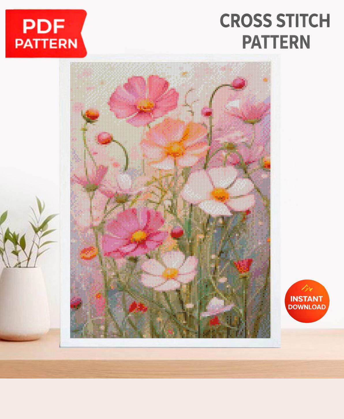 Pink Wildflowers Cross Stitch Pattern PDF, Meadow Flower Embroidery Chart, Romantic Floral Wall Art, Cottagecore Botanical Instant Download - NuttyHappyHobby