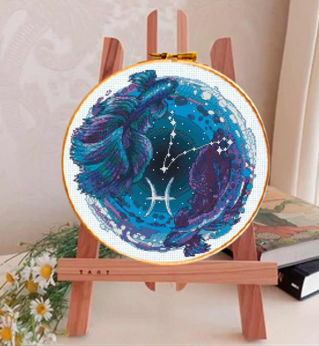Pisces Cross Stitch Pattern PDF, Zodiac Fish Embroidery Design, Astrology Constellation Cross Stitch Chart, Celestial Needlework download - NuttyHappyHobby