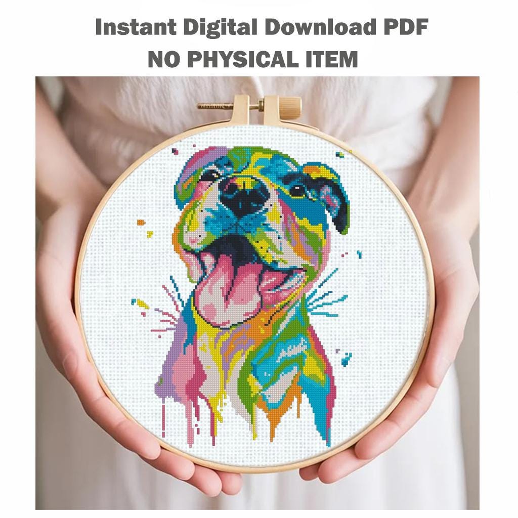 Pit Bull Cross Stitch Pattern PDF, Colorful Pitbull Dog Embroidery Design, Modern Dog Portrait Needlework Chart, Dog Lover Gift, download - NuttyHappyHobby