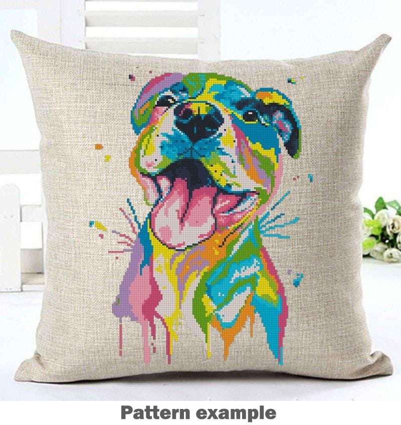 Pit Bull Cross Stitch Pattern PDF, Colorful Pitbull Dog Embroidery Design, Modern Dog Portrait Needlework Chart, Dog Lover Gift, download - NuttyHappyHobby