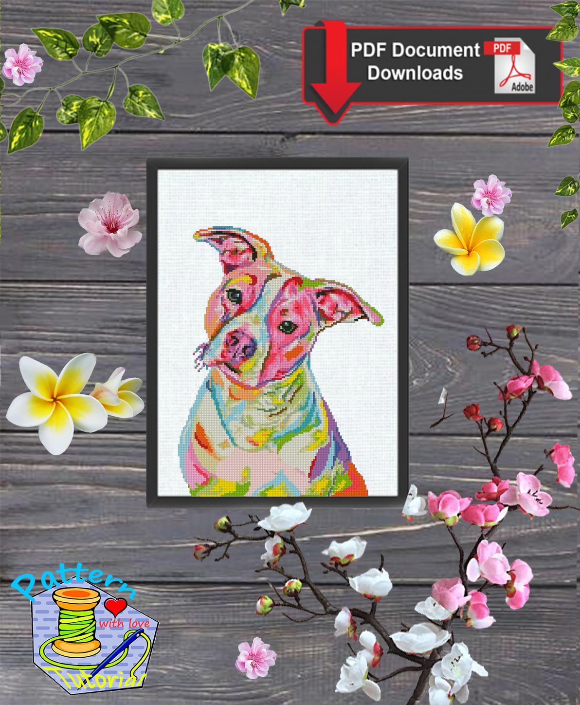 Pit Bull Cross Stitch Pattern PDF, Colorful Pitbull Dog Portrait Embroidery Design, Modern Dog Needlework Chart, Dog Lover Gift, dodnload - NuttyHappyHobby