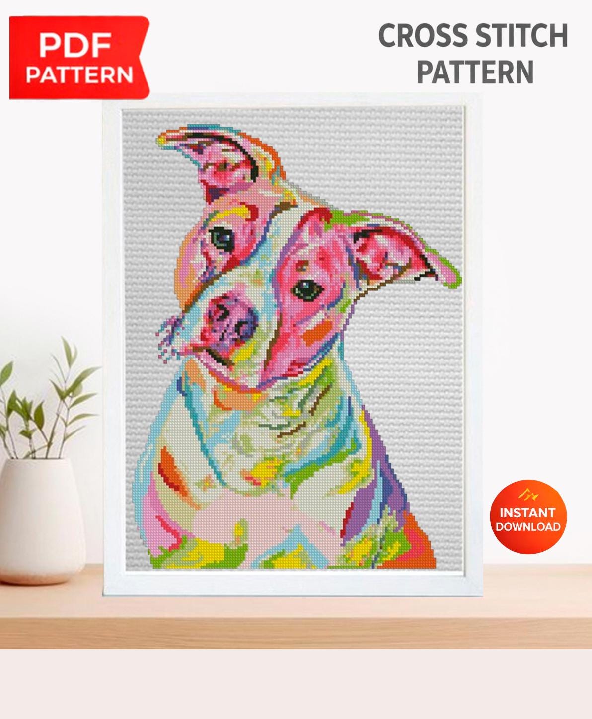 Pit Bull Cross Stitch Pattern PDF, Colorful Pitbull Dog Portrait Embroidery Design, Modern Dog Needlework Chart, Dog Lover Gift, dodnload - NuttyHappyHobby