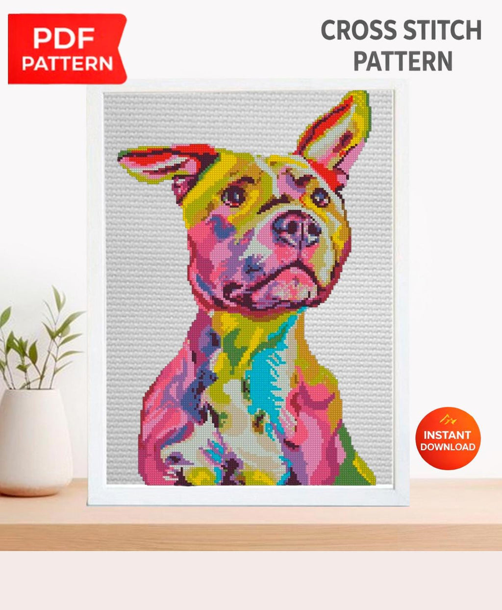 Pit Bull Cross Stitch Pattern PDF, Colorful Pitbull Dog Portrait Embroidery Design, Modern Dog Needlework Chart, Dog Lover Gift, download - NuttyHappyHobby
