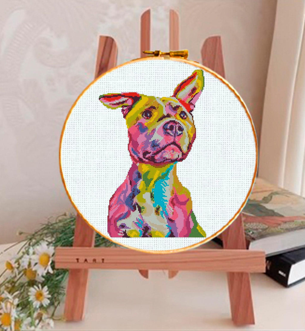 Pit Bull Cross Stitch Pattern PDF, Colorful Pitbull Dog Portrait Embroidery Design, Modern Dog Needlework Chart, Dog Lover Gift, download - NuttyHappyHobby