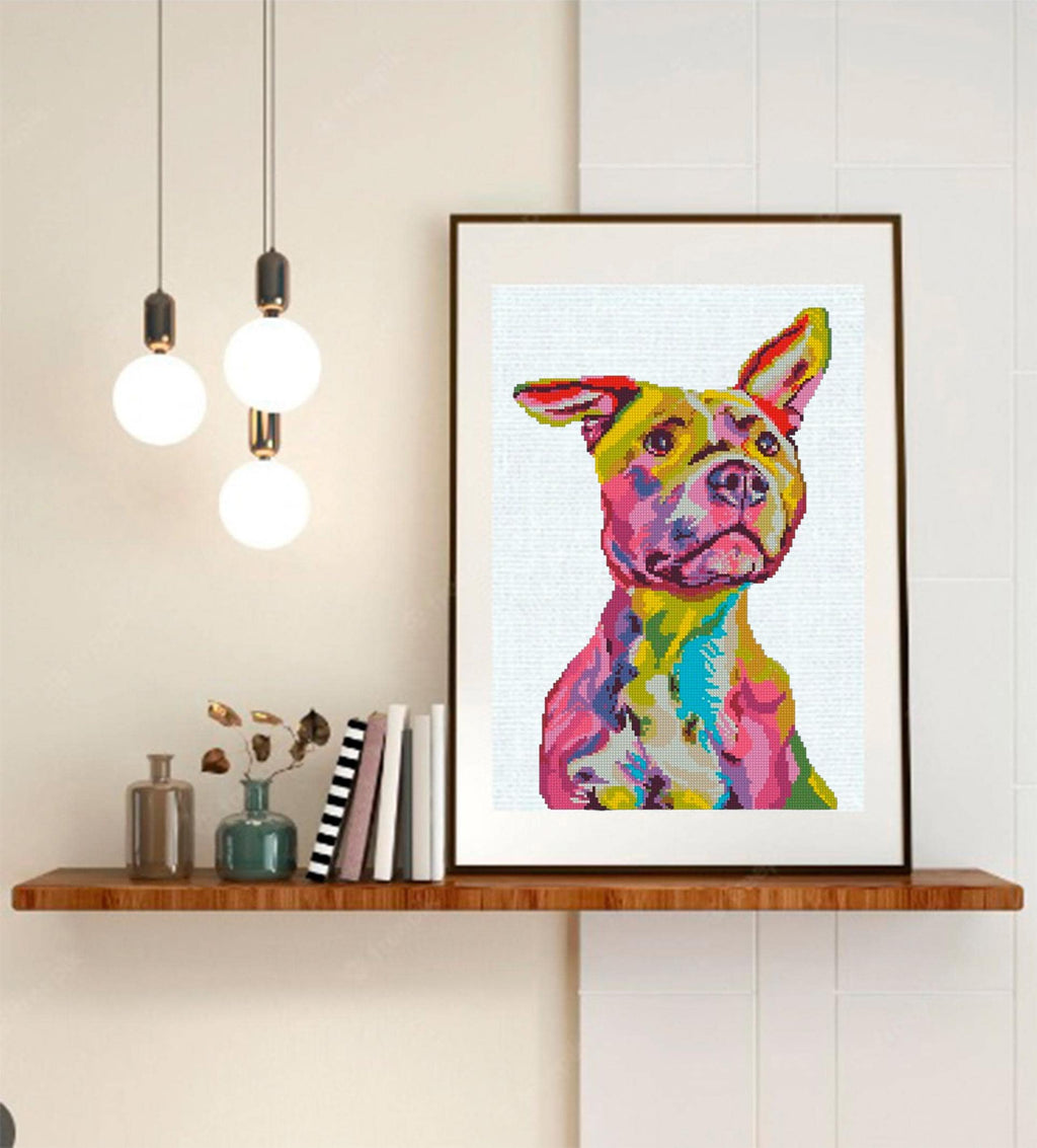 Pit Bull Cross Stitch Pattern PDF, Colorful Pitbull Dog Portrait Embroidery Design, Modern Dog Needlework Chart, Dog Lover Gift, download - NuttyHappyHobby