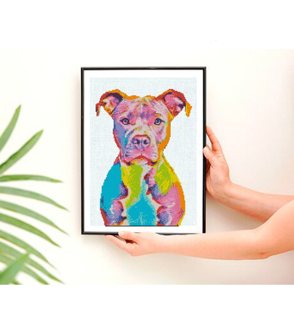 Pit Bull Cross Stitch Pattern PDF, Colorful Pitbull Dog Portrait Embroidery Design, Modern Dog Needlework Chart, Dog Lover Gift. Pet pattern - NuttyHappyHobby