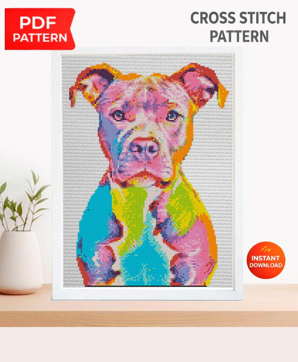 Pit Bull Cross Stitch Pattern PDF, Colorful Pitbull Dog Portrait Embroidery Design, Modern Dog Needlework Chart, Dog Lover Gift. Pet pattern - NuttyHappyHobby