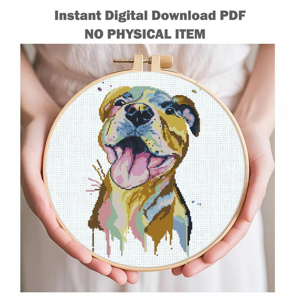 Pit Bull Cross Stitch Pattern PDF, Pitbull Dog Portrait Embroidery Design, Modern Dog Needlework Chart, Pet Lover Gift, download pdf - NuttyHappyHobby