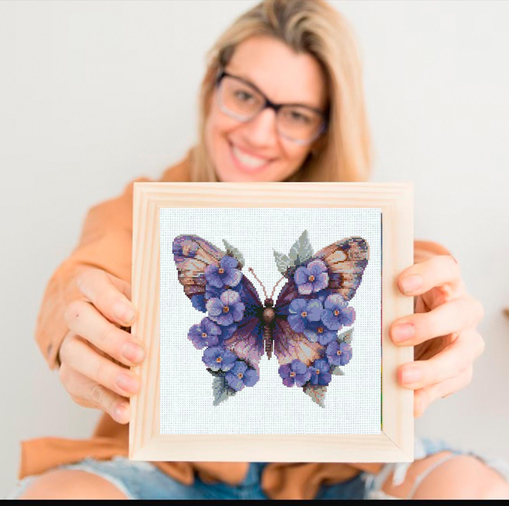 Purple Butterfly Cross Stitch Pattern PDF, Floral Butterfly Embroidery Design, Botanical Cross Stitch Chart, Spring Nature Needlepoint - NuttyHappyHobby