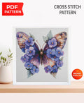 Purple Butterfly Cross Stitch Pattern PDF, Floral Butterfly Embroidery Design, Botanical Cross Stitch Chart, Spring Nature Needlepoint - NuttyHappyHobby