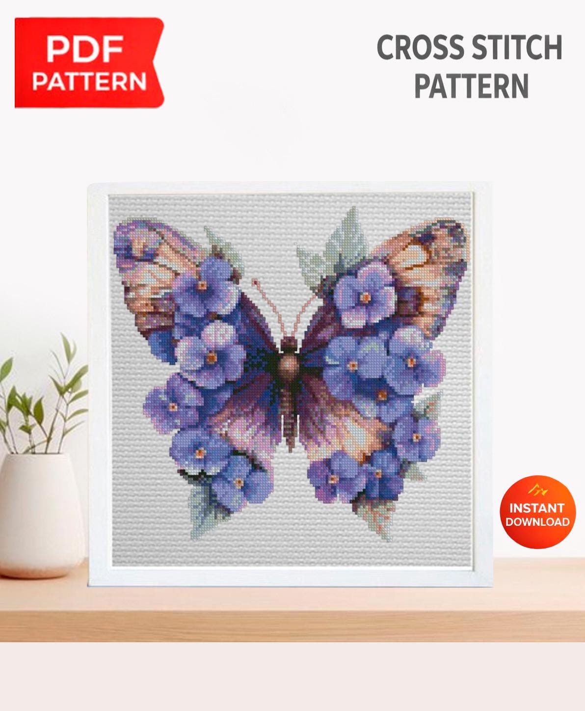 Purple Butterfly Cross Stitch Pattern PDF, Floral Butterfly Embroidery Design, Botanical Cross Stitch Chart, Spring Nature Needlepoint - NuttyHappyHobby