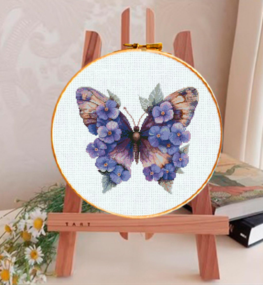 Purple Butterfly Cross Stitch Pattern PDF, Floral Butterfly Embroidery Design, Botanical Cross Stitch Chart, Spring Nature Needlepoint - NuttyHappyHobby