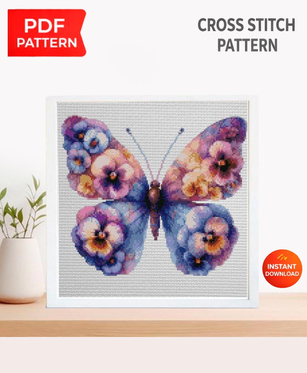 Purple Butterfly Cross Stitch Pattern PDF, Floral Butterfly Embroidery Design, Botanical Nature Cross Stitch Chart, Spring Needlepoint - NuttyHappyHobby