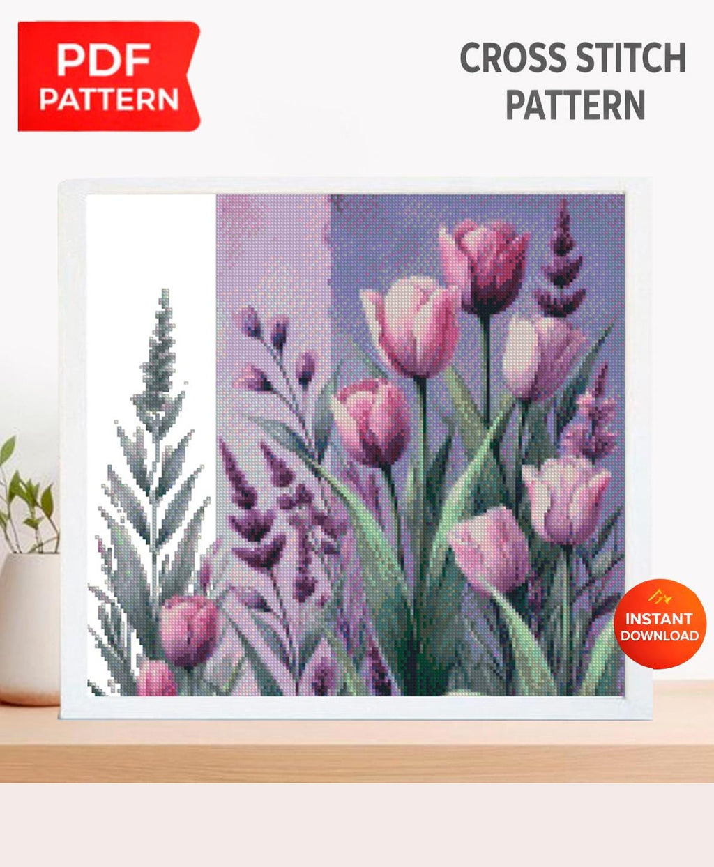 Purple Tulips Cross Stitch Pattern PDF, Watercolor Floral Embroidery Chart, Spring Bouquet Design, Instant Download Botanical Wall Art - NuttyHappyHobby