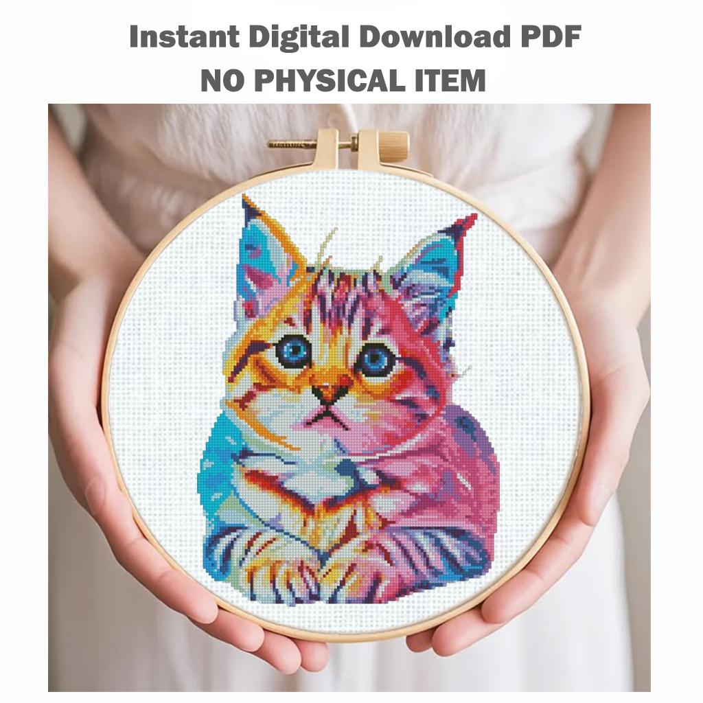 Rainbow Cat Cross Stitch Bundle PDF, Colorful Kitten Cross Stitch Patterns, Modern Cat Embroidery Designs, Cute Animal Needlepoint Set - NuttyHappyHobby