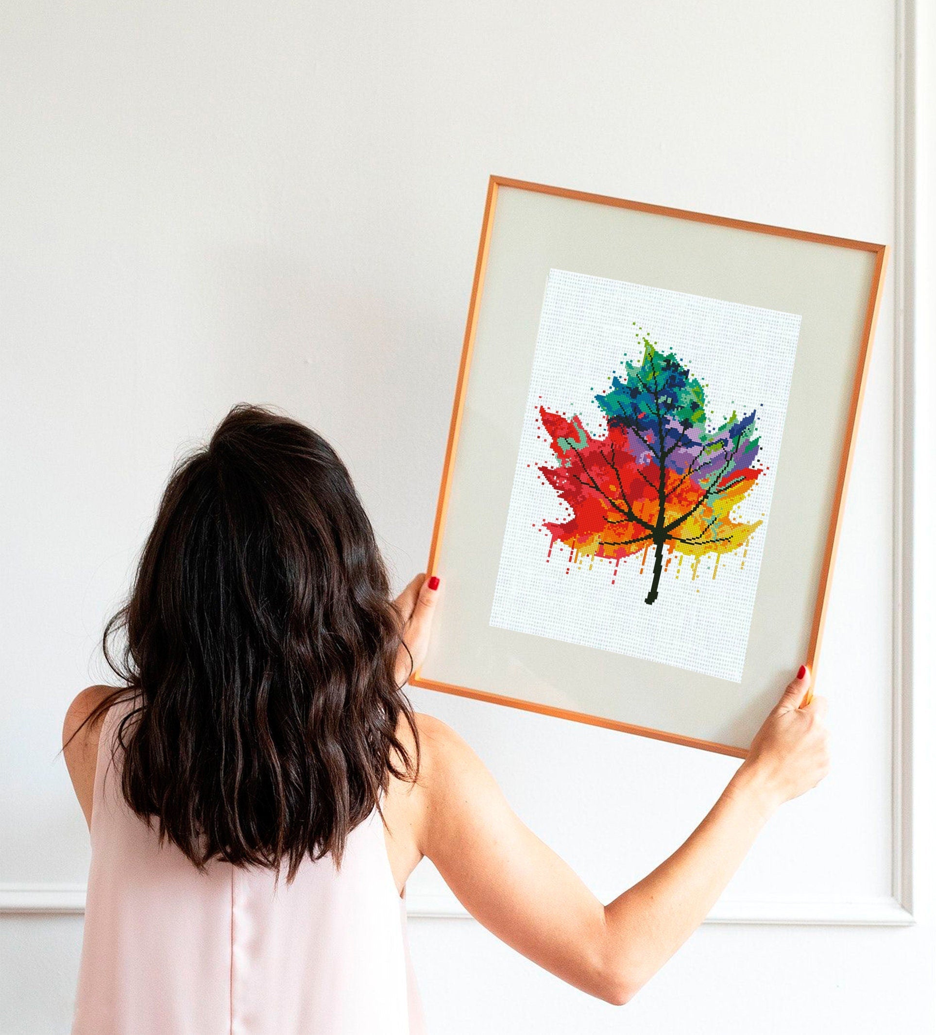 Rainbow Maple Leaf Cross Stitch Pattern PDF, Colorful Autumn Leaf Embroidery Design, Fall Nature Botanical Cross Stitch Digital Download pdf - NuttyHappyHobby