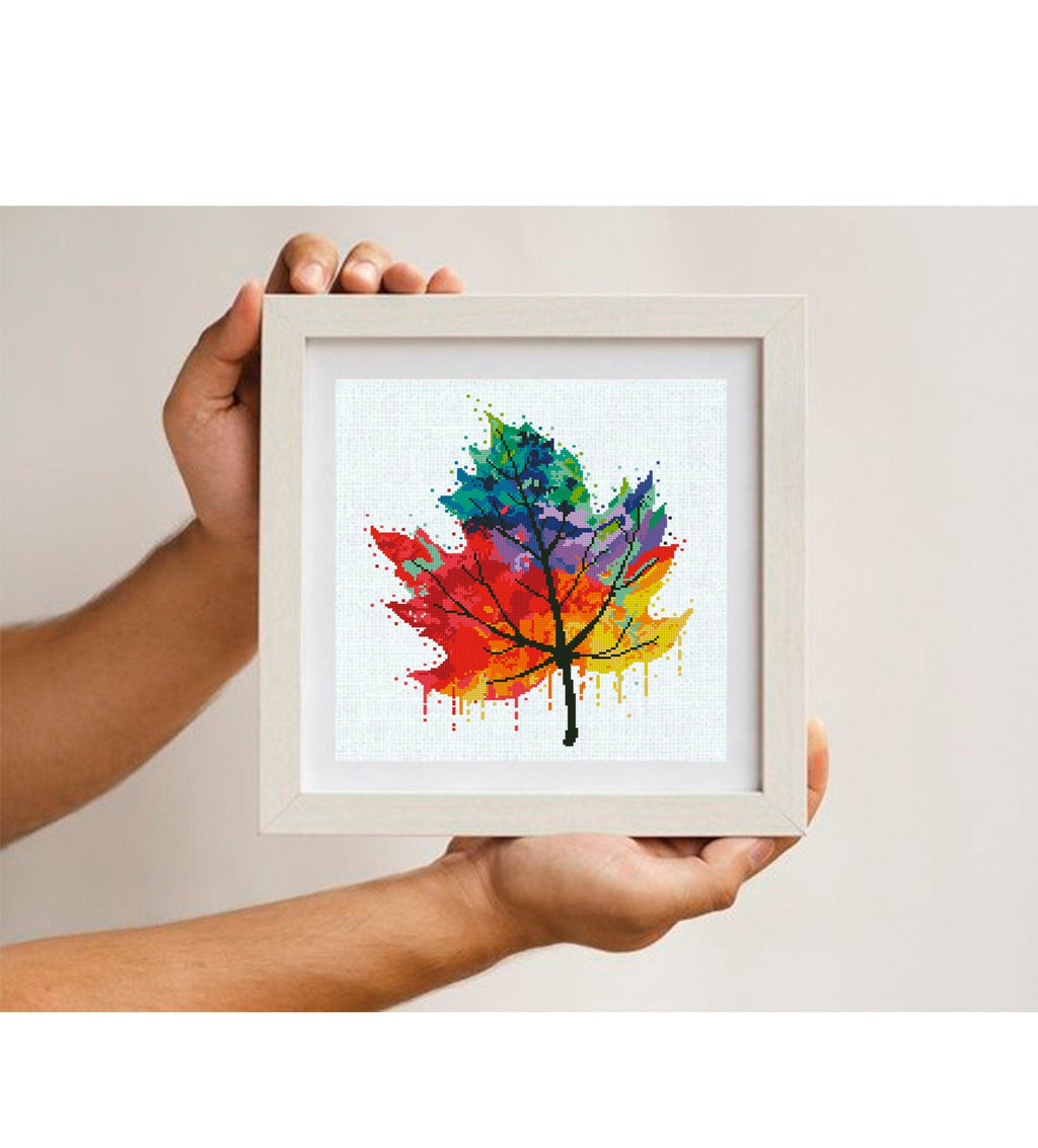 Rainbow Maple Leaf Cross Stitch Pattern PDF, Colorful Autumn Leaf Embroidery Design, Fall Nature Botanical Cross Stitch Digital Download pdf - NuttyHappyHobby